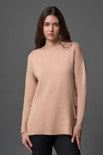 Mizalle - Mizalle Yanları Metal Düğmeli Camel Uzun Triko Tunik Mizalle - Mizalle Yanları Metal Düğmeli Camel Uzun Triko Tunik