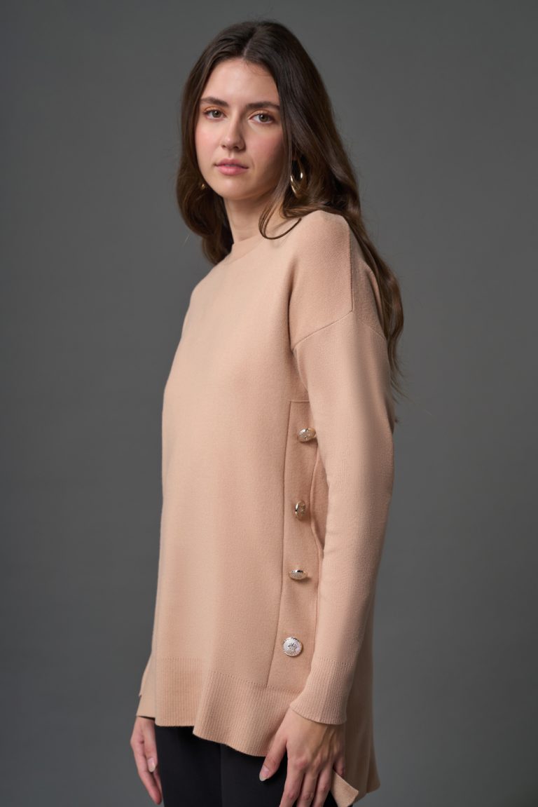 Mizalle Yanları Metal Düğmeli Camel Uzun Triko Tunik - Mizalle