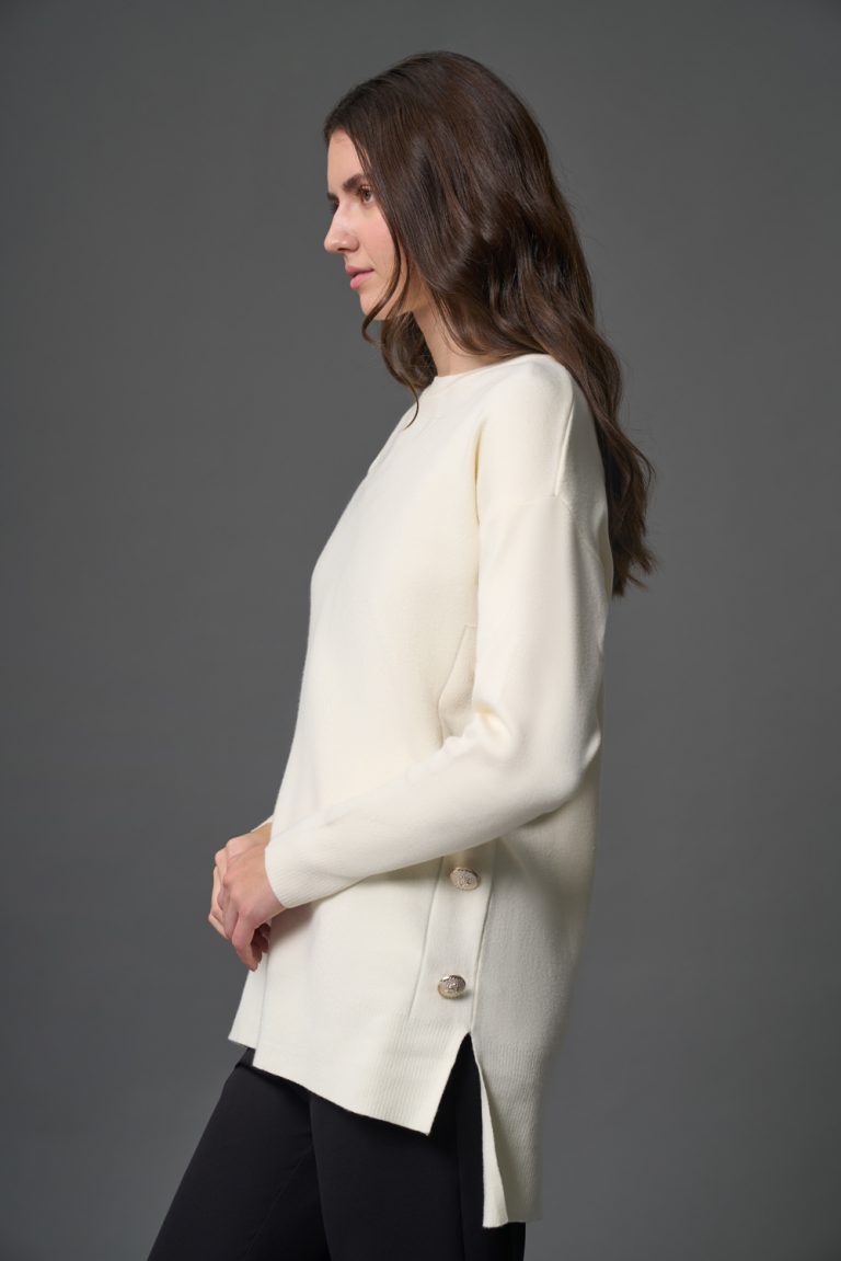 Mizalle Yanları Metal Düğmeli Ekru Uzun Triko Tunik - Mizalle