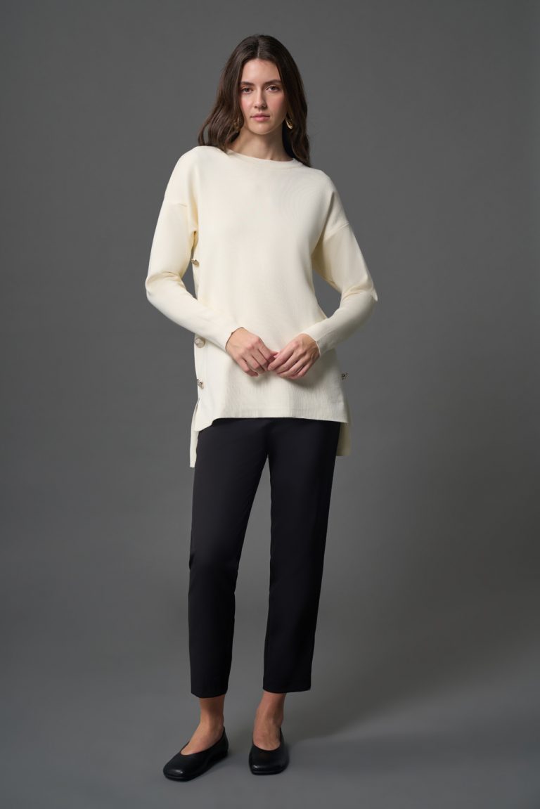 Mizalle Yanları Metal Düğmeli Ekru Uzun Triko Tunik - Mizalle