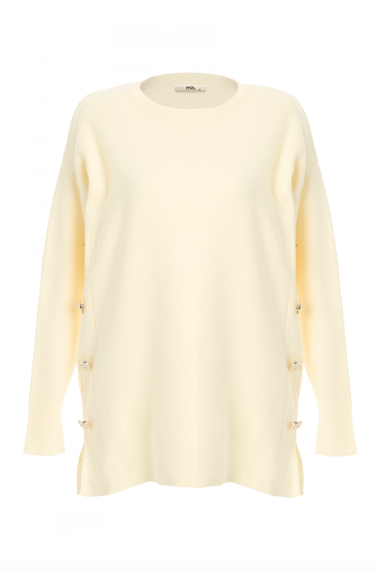 Mizalle Yanları Metal Düğmeli Ekru Uzun Triko Tunik - Mizalle