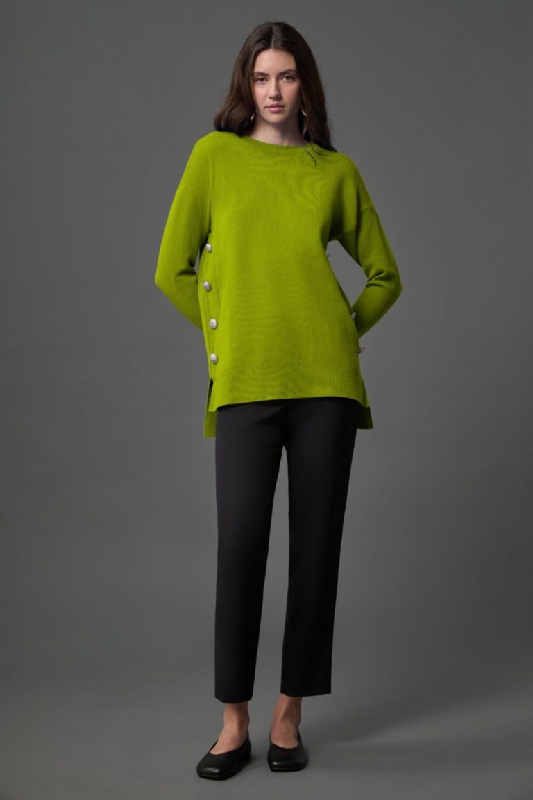 Mizalle Yanları Metal Düğmeli Fıstık Yeşili Uzun Triko Tunik - Mizalle