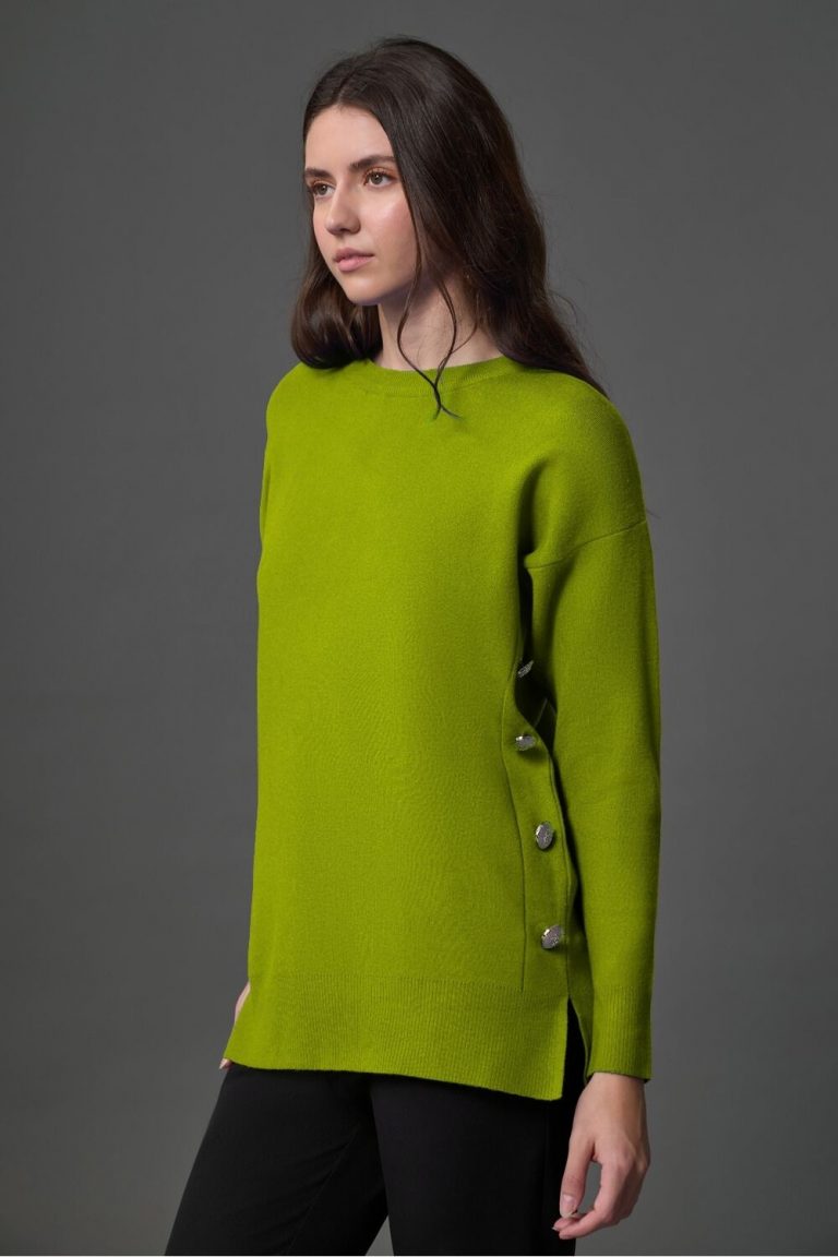 Mizalle Yanları Metal Düğmeli Fıstık Yeşili Uzun Triko Tunik - Mizalle