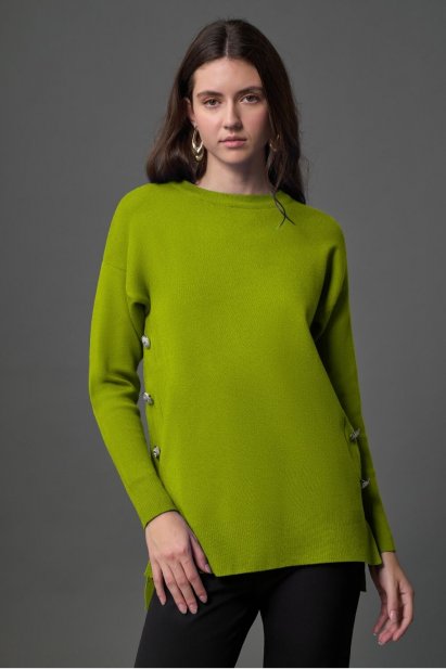 Mizalle Yanları Metal Düğmeli Fıstık Yeşili Uzun Triko Tunik - Mizalle