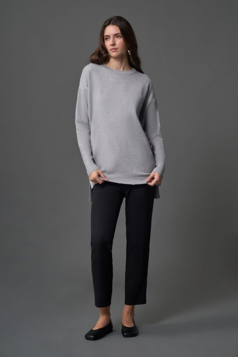 Mizalle Yanları Metal Düğmeli Gri Uzun Triko Tunik - Mizalle