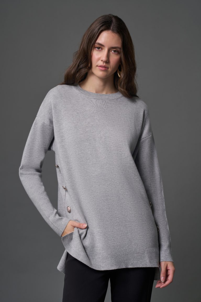 Mizalle Yanları Metal Düğmeli Gri Uzun Triko Tunik - Mizalle