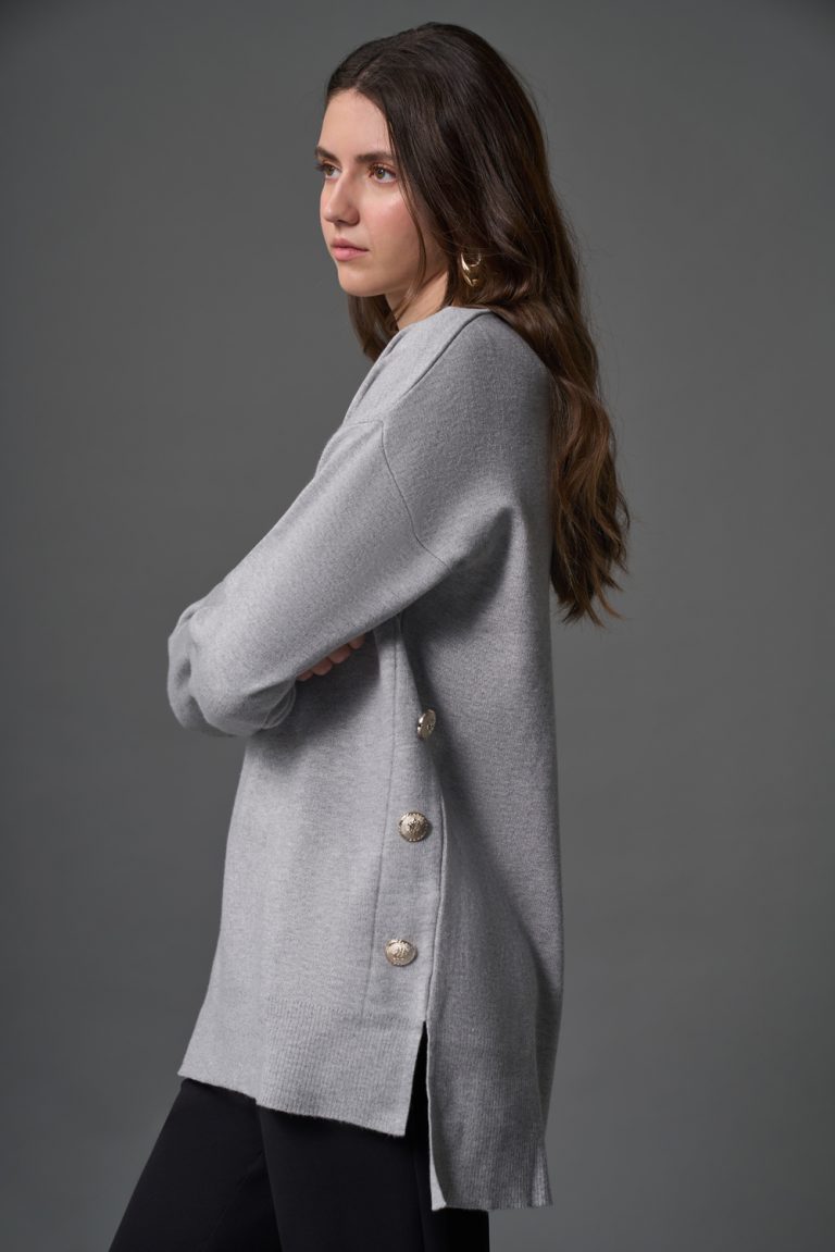 Mizalle Yanları Metal Düğmeli Gri Uzun Triko Tunik - Mizalle