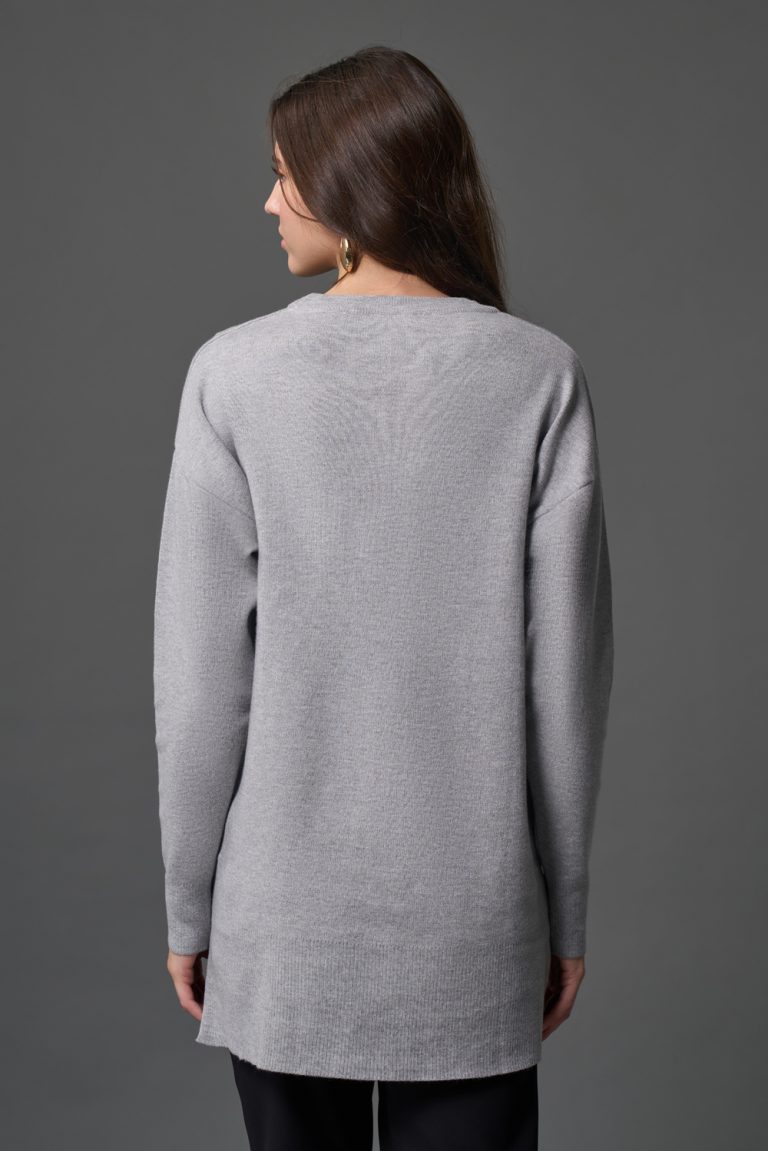 Mizalle Yanları Metal Düğmeli Gri Uzun Triko Tunik - Mizalle