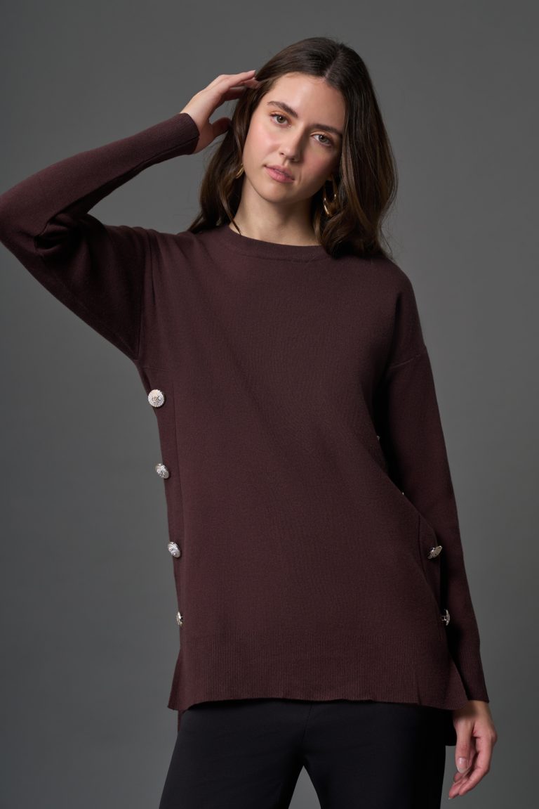 Mizalle Yanları Metal Düğmeli Kahverengi Uzun Triko Tunik - Mizalle