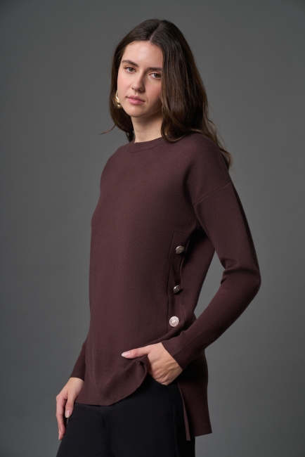 Mizalle - Mizalle Yanları Metal Düğmeli Kahverengi Uzun Triko Tunik Mizalle - Mizalle Yanları Metal Düğmeli Kahverengi Uzun Triko Tunik