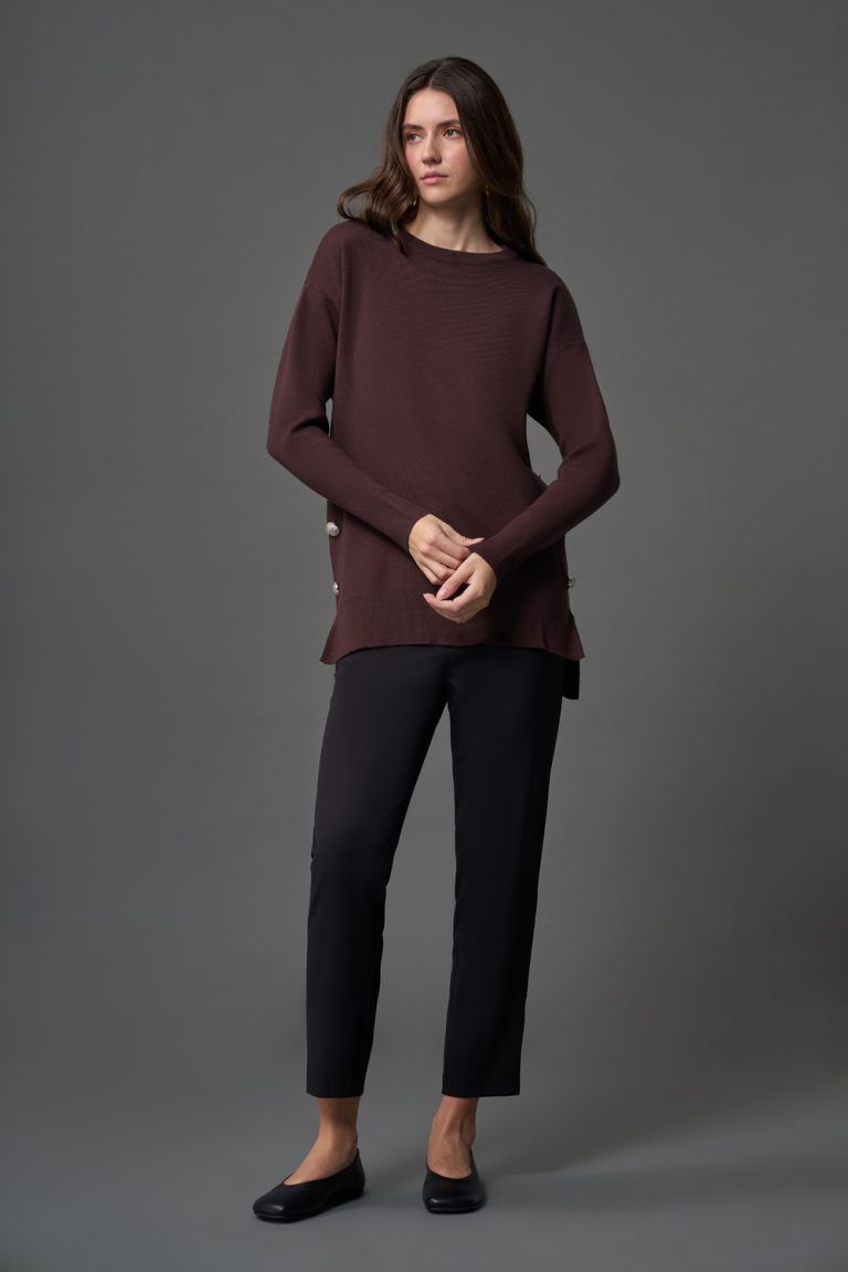 Mizalle Yanları Metal Düğmeli Kahverengi Uzun Triko Tunik - Mizalle