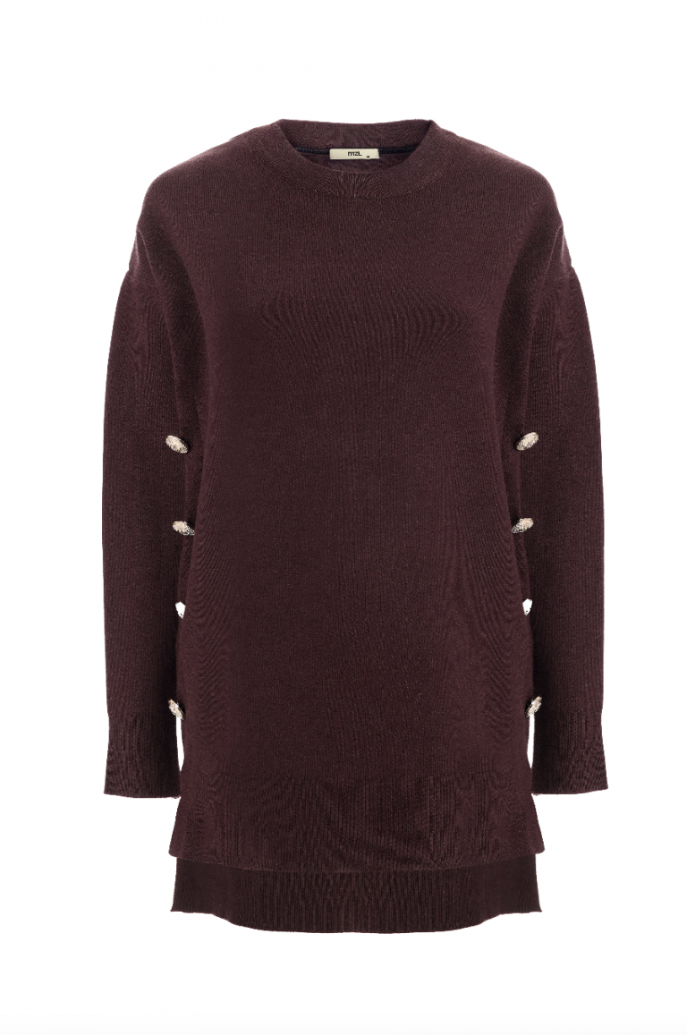 Mizalle Yanları Metal Düğmeli Kahverengi Uzun Triko Tunik - Mizalle