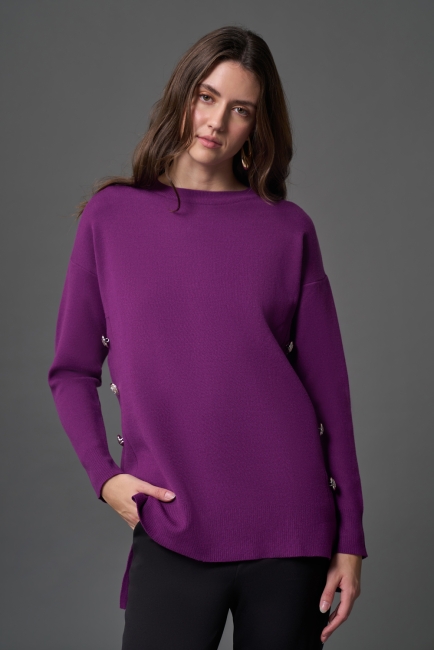 Mizalle - Mizalle Yanları Metal Düğmeli Mor Uzun Triko Tunik Mizalle - Mizalle Yanları Metal Düğmeli Mor Uzun Triko Tunik