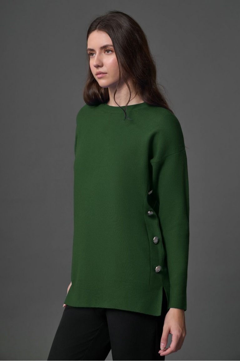 Mizalle Yanları Metal Düğmeli Nefti Uzun Triko Tunik - Mizalle