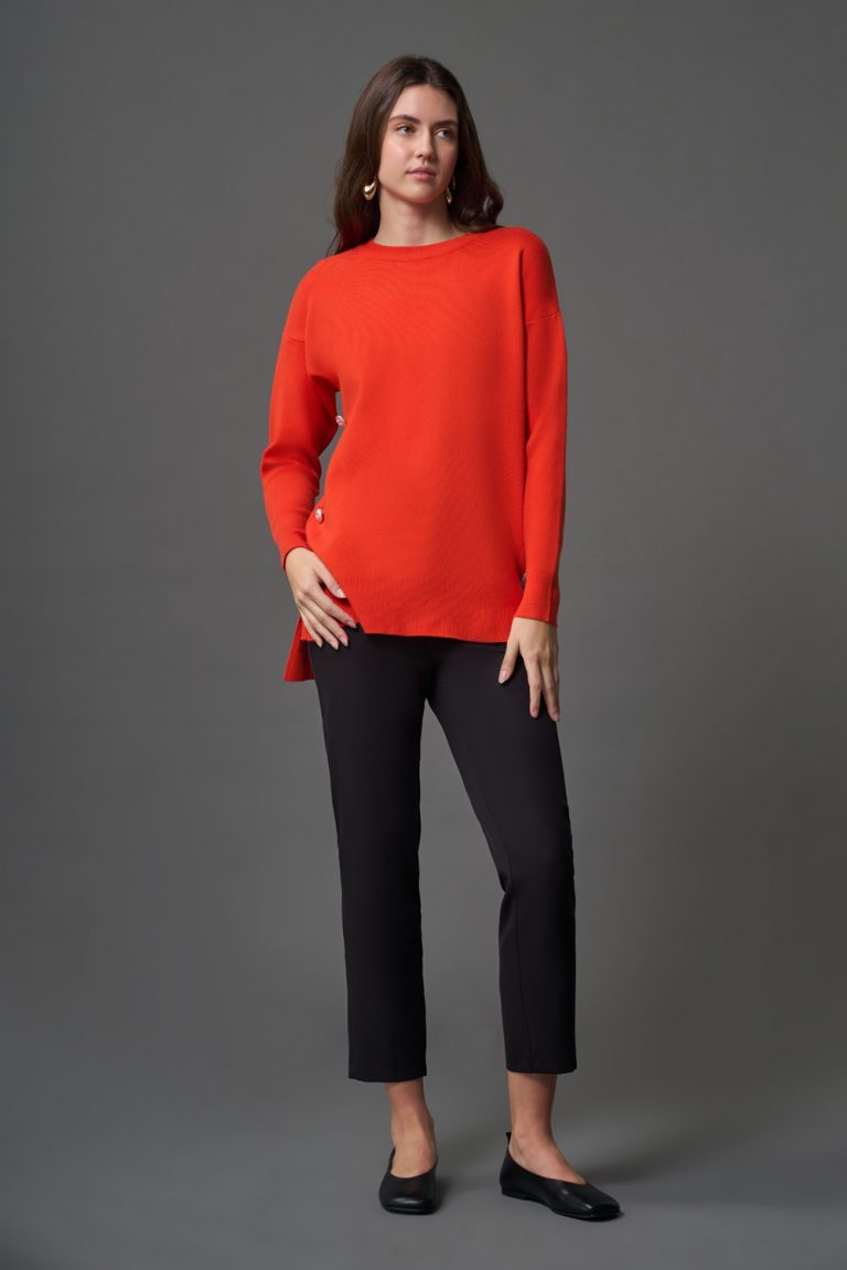 Mizalle Yanları Metal Düğmeli Turuncu Uzun Triko Tunik - Mizalle