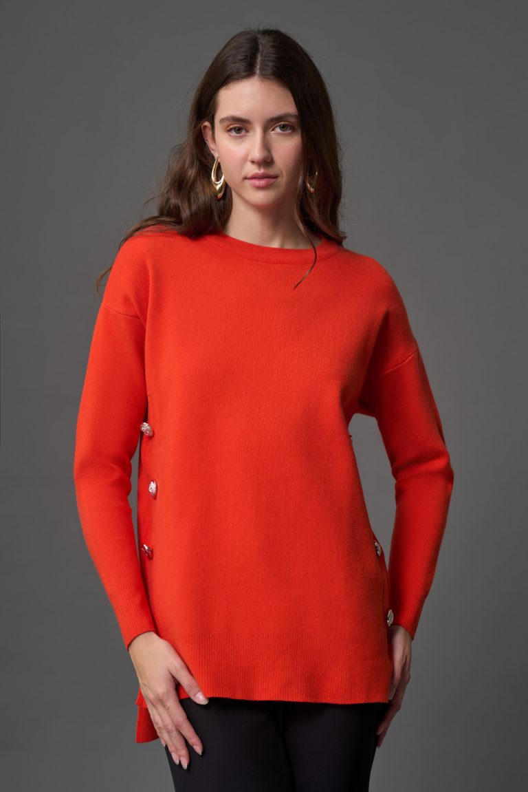 Mizalle Yanları Metal Düğmeli Turuncu Uzun Triko Tunik - Mizalle