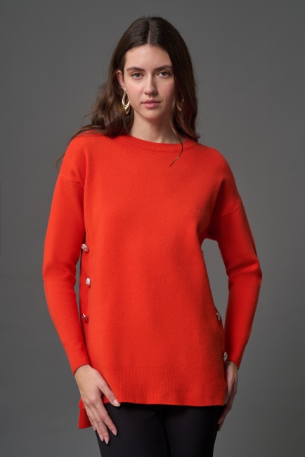 Mizalle - Mizalle Yanları Metal Düğmeli Turuncu Uzun Triko Tunik Mizalle - Mizalle Yanları Metal Düğmeli Turuncu Uzun Triko Tunik