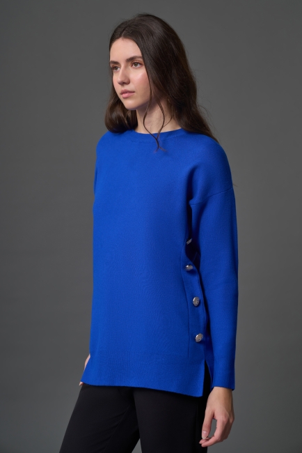 Mizalle - Mizalle Yanları Metal Düğmeli Saks Mavi Uzun Triko Tunik