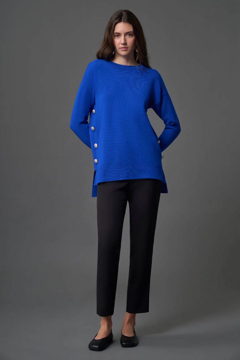 Mizalle Yanları Metal Düğmeli Saks Mavi Uzun Triko Tunik - Mizalle