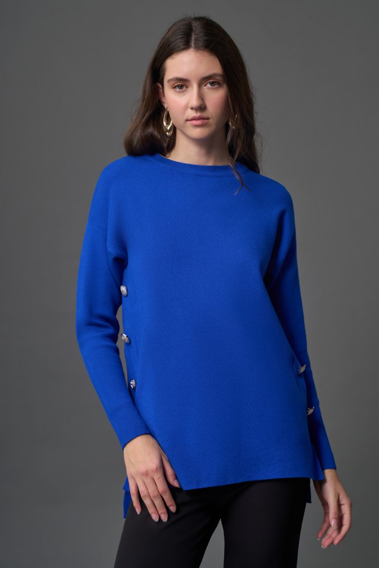 Mizalle Yanları Metal Düğmeli Saks Mavi Uzun Triko Tunik - Mizalle