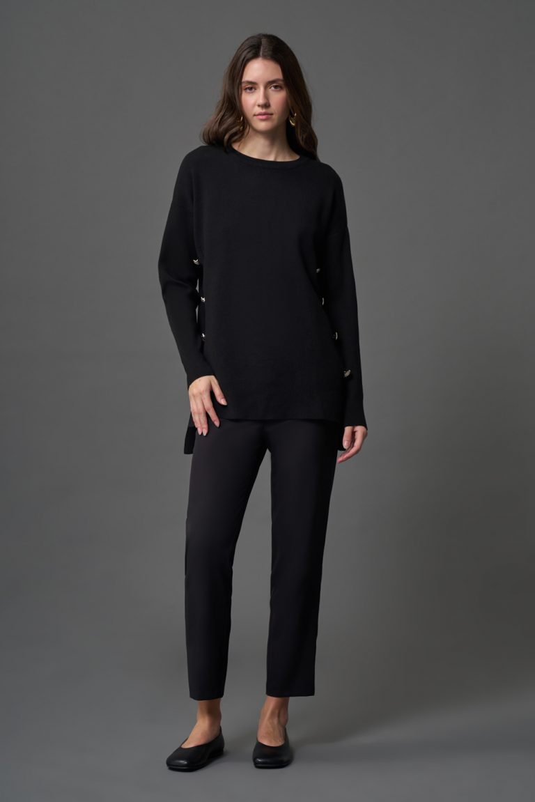 Mizalle Yanları Metal Düğmeli Siyah Uzun Triko Tunik - Mizalle