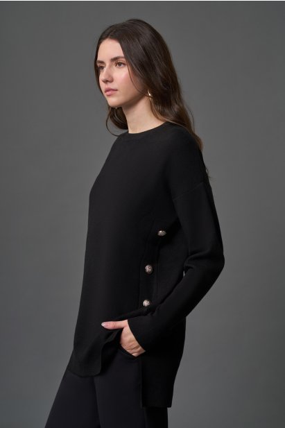 Mizalle Yanları Metal Düğmeli Siyah Uzun Triko Tunik - Mizalle