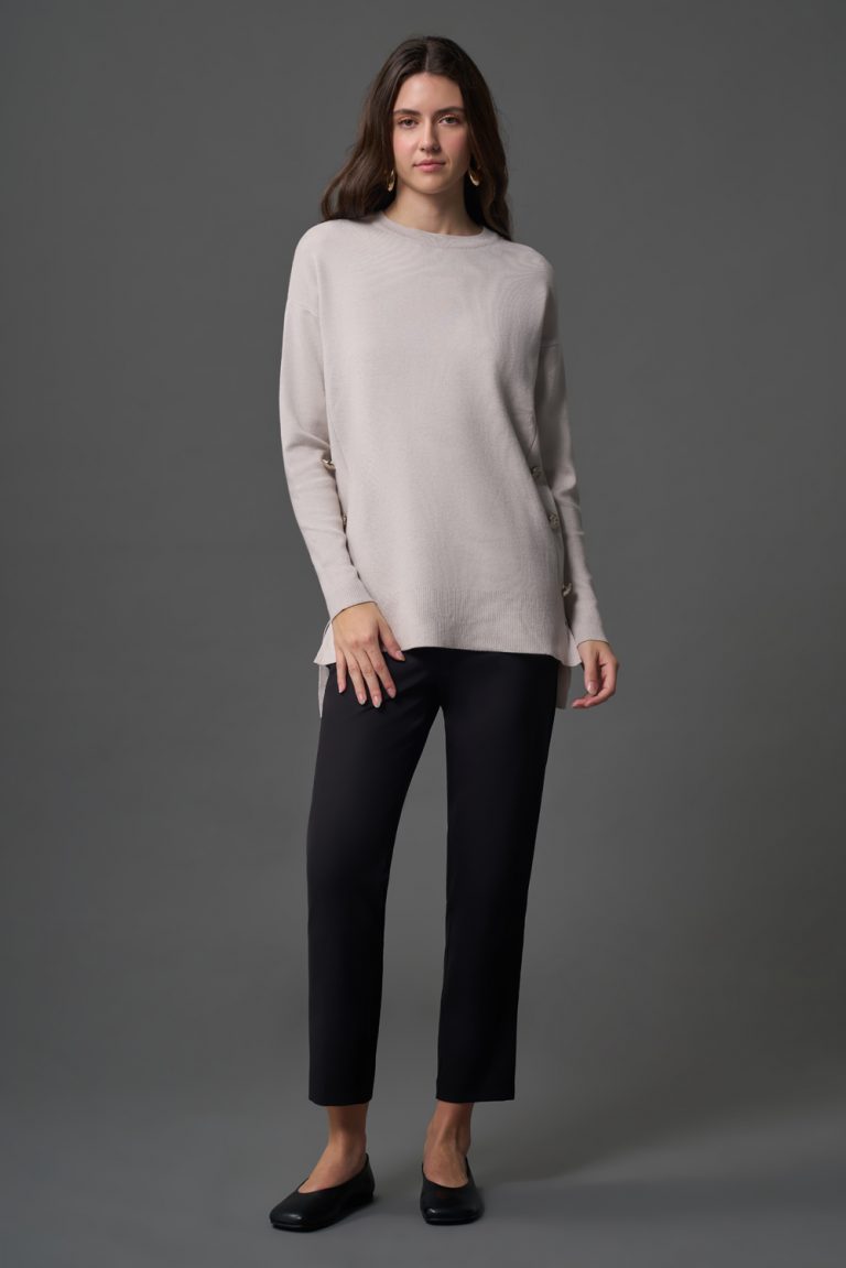 Mizalle Yanları Metal Düğmeli Taş Rengi Uzun Triko Tunik - Mizalle