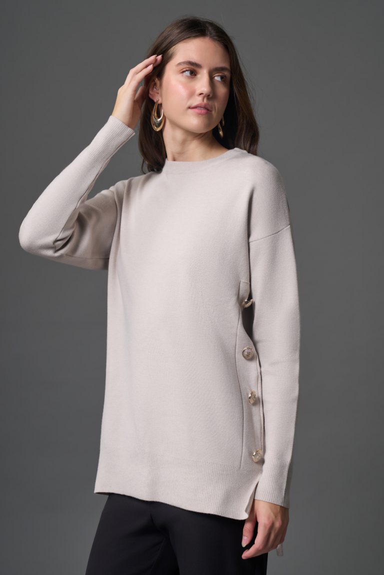 Mizalle Yanları Metal Düğmeli Taş Rengi Uzun Triko Tunik - Mizalle