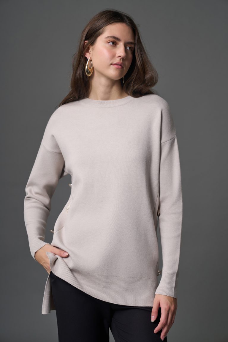 Mizalle Yanları Metal Düğmeli Taş Rengi Uzun Triko Tunik - Mizalle