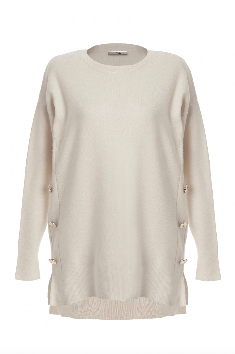 Mizalle Yanları Metal Düğmeli Taş Rengi Uzun Triko Tunik - Mizalle