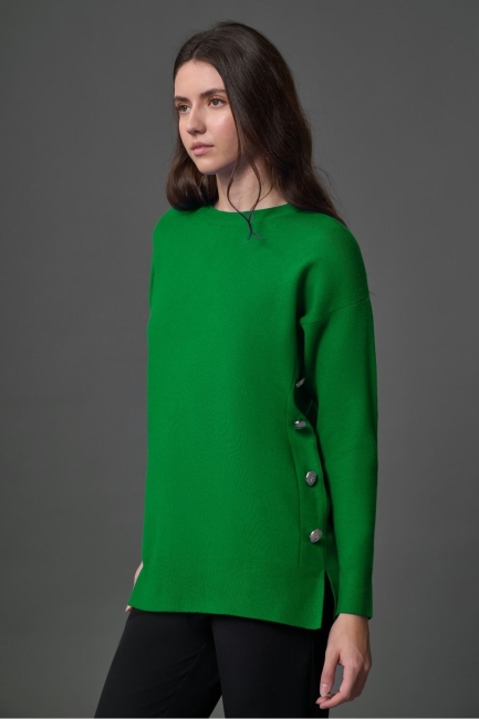 Mizalle - Mizalle Yanları Metal Düğmeli Yeşil Uzun Triko Tunik Mizalle - Mizalle Yanları Metal Düğmeli Yeşil Uzun Triko Tunik