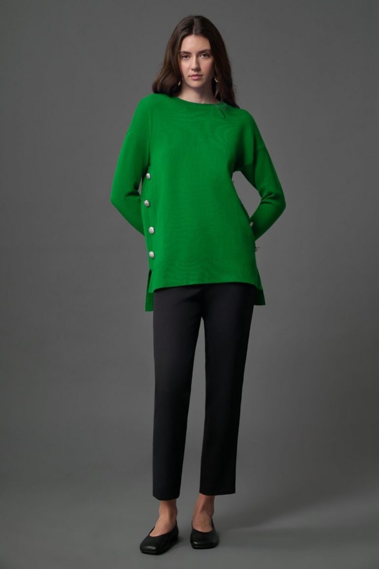 Mizalle Yanları Metal Düğmeli Yeşil Uzun Triko Tunik - Mizalle