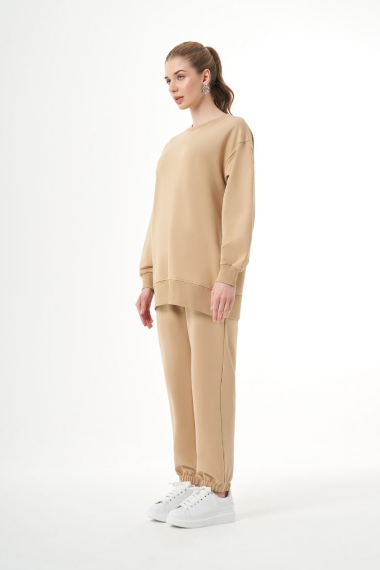 Mizalle Yanları Çıtçıtlı Yuvarlak Yaka Bej Rengi Sweatshirt - Mizalle