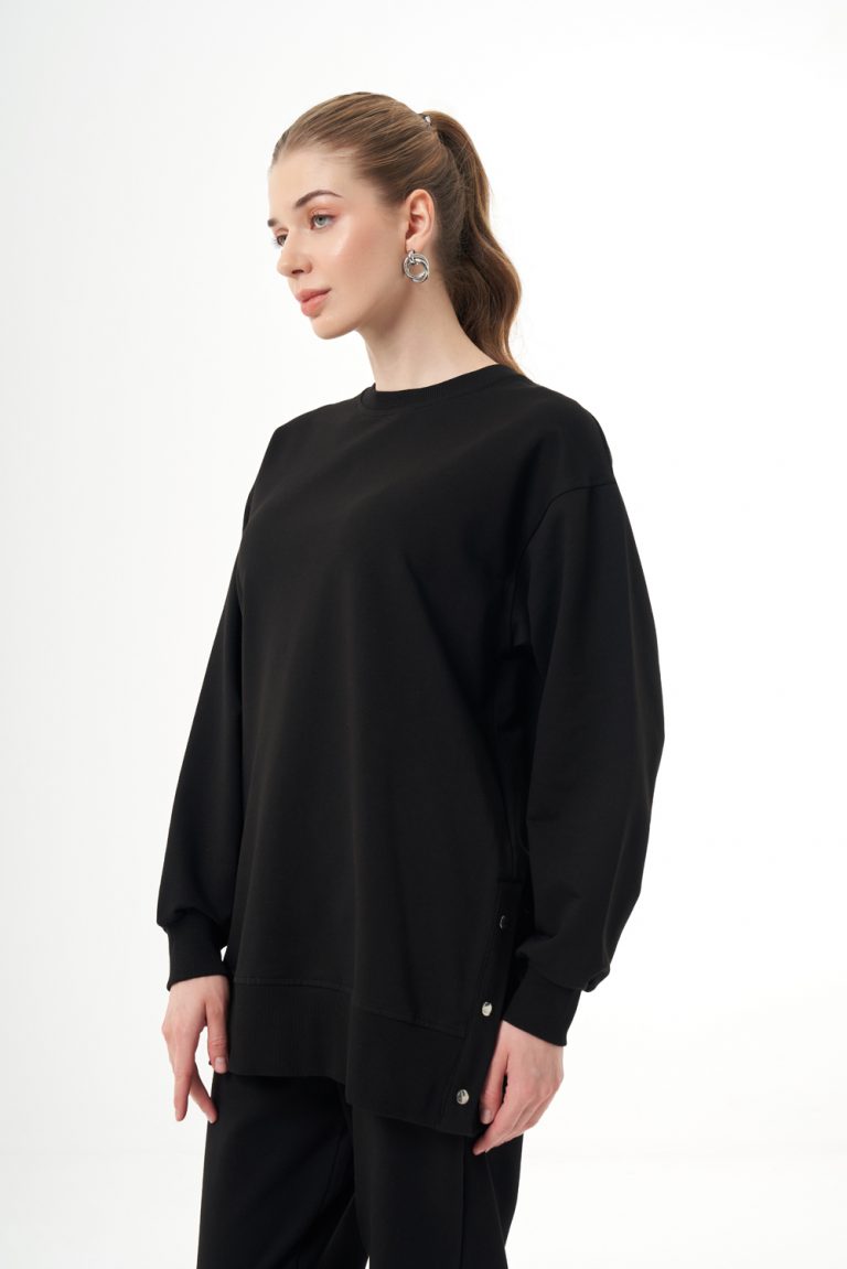 Mizalle Yanları Çıtçıtlı Yuvarlak Yaka Siyah Sweatshirt - Mizalle