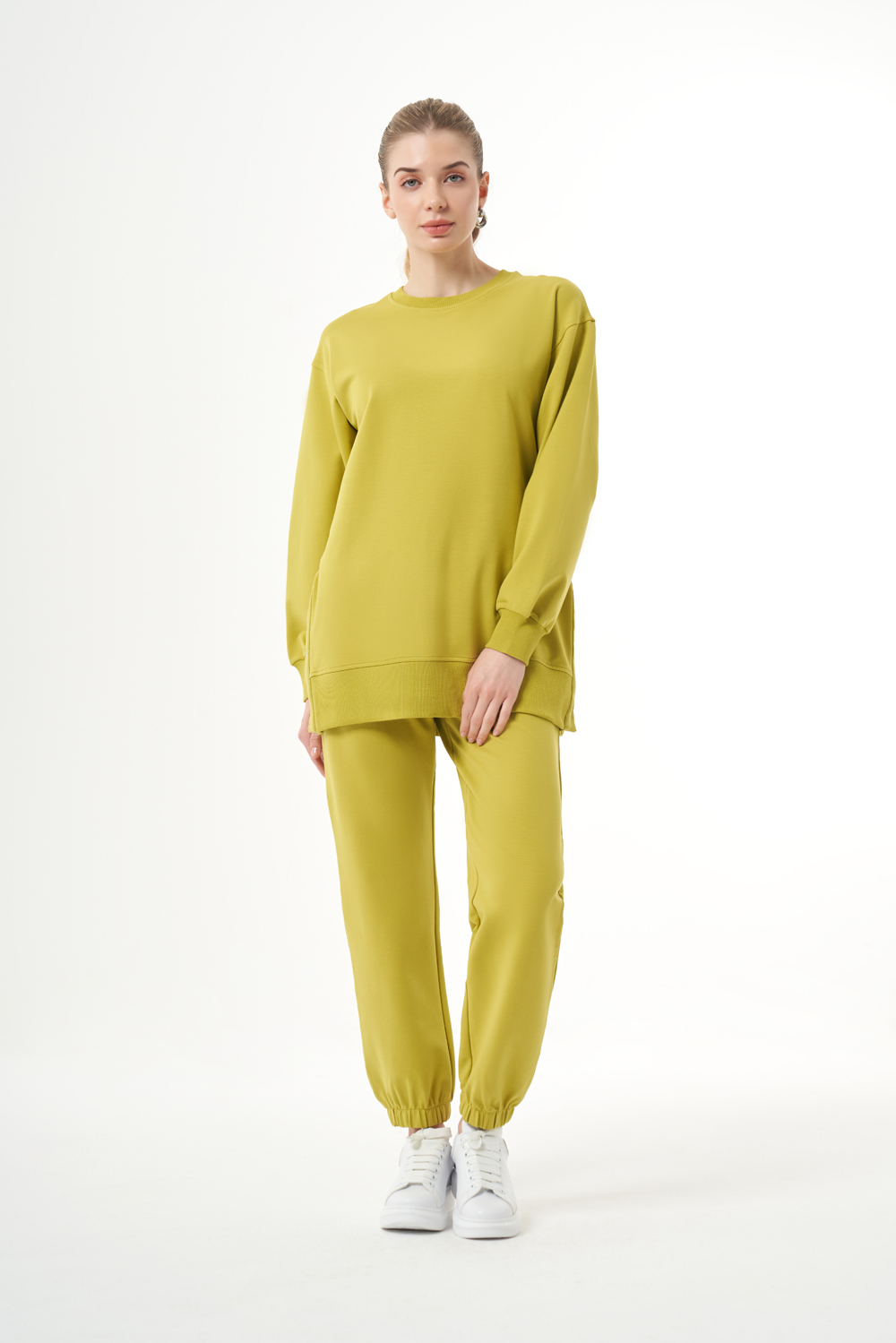 Mizalle Yanları Çıtçıtlı Yuvarlak Yaka Yeşil Sweatshirt