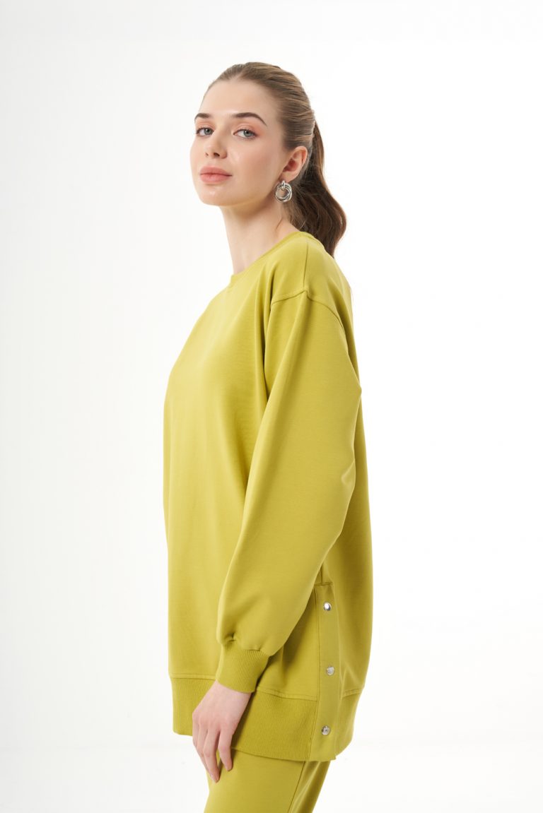 Mizalle Yanları Çıtçıtlı Yuvarlak Yaka Yeşil Sweatshirt - Mizalle