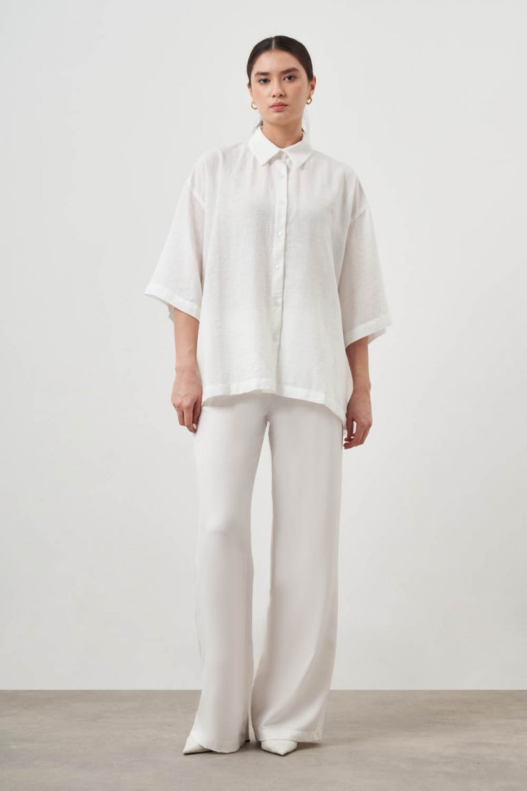 Mizalle Keten Görünümlü Oversize Yarım Kollu Ekru Gömlek - Mizalle