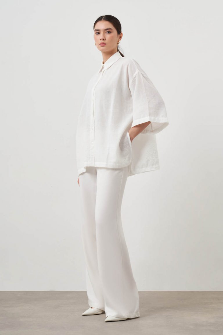 Mizalle Keten Görünümlü Oversize Yarım Kollu Ekru Gömlek - Mizalle