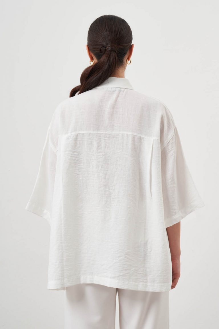 Mizalle Keten Görünümlü Oversize Yarım Kollu Ekru Gömlek - Mizalle