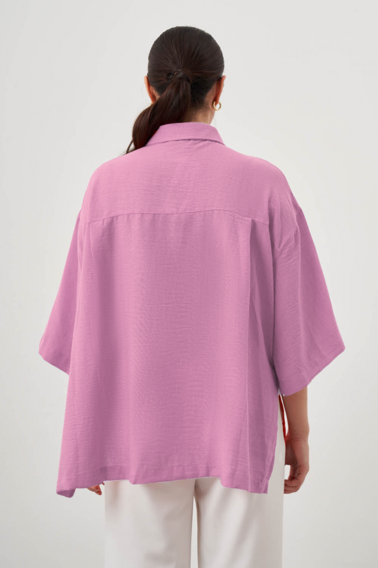 Mizalle Keten Dokulu Yırtmaçlı Oversize Pembe Gömlek - Mizalle