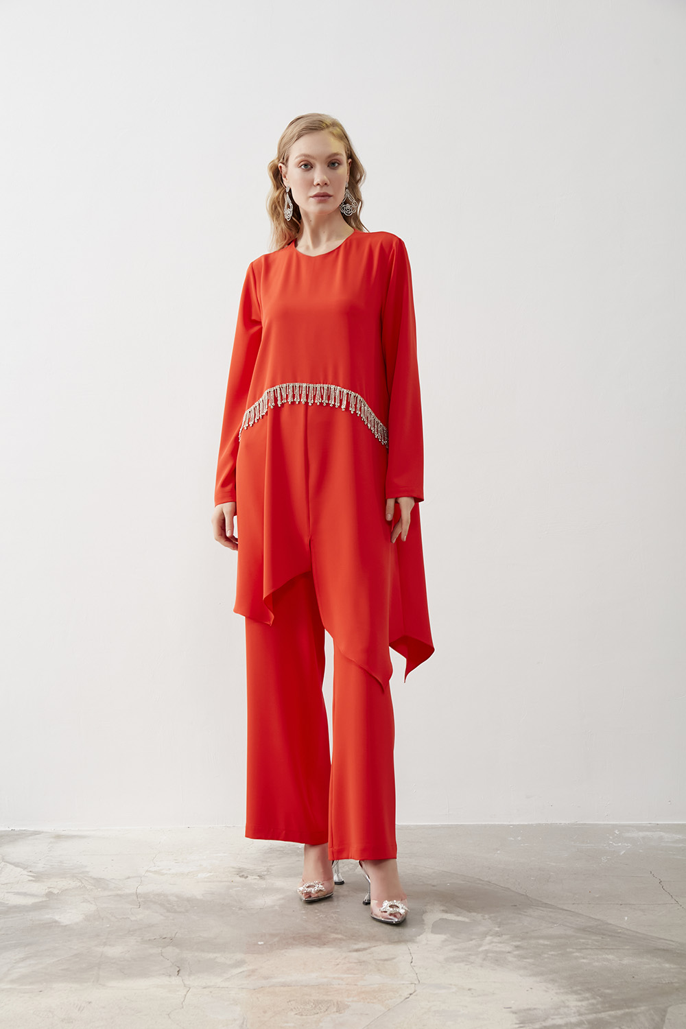 Mizalle Zincir Taş İşleme Detaylı Nar Çiçeği Şifon Tunik - 2