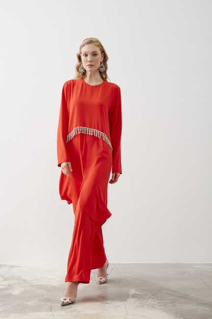 Mizalle Zincir Taş İşleme Detaylı Nar Çiçeği Şifon Tunik - 3